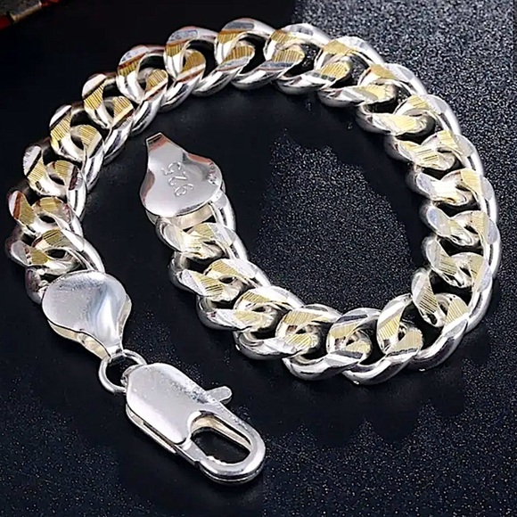 Cuban Chain Link Sterling Silver Gold Two Tone Silver Unisex Bracelet - Picture 4 of 6